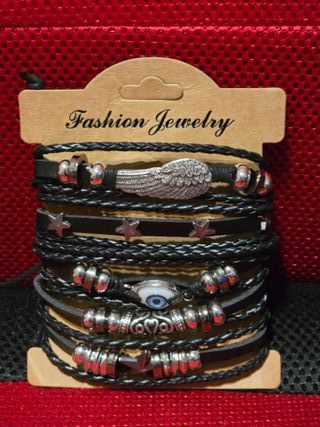 Set 6 pulseras punk unisex de cuero con calaveras