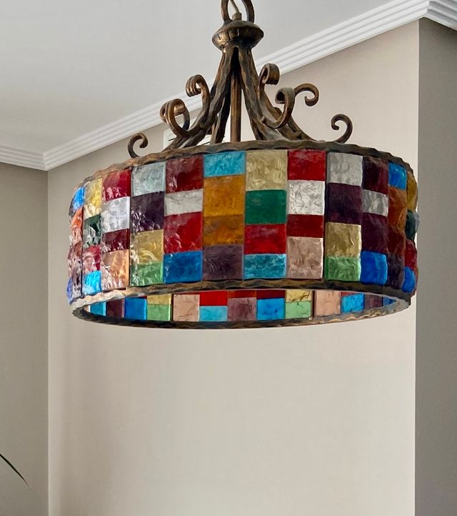 Lampara suspendida de forja y cristal de Murano