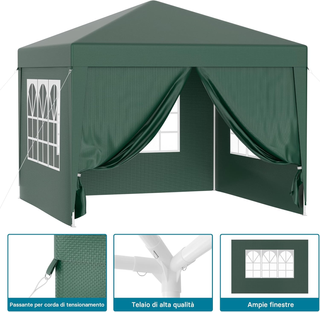 Gazebo 3x3 m verde con laterali rimovibili e fines