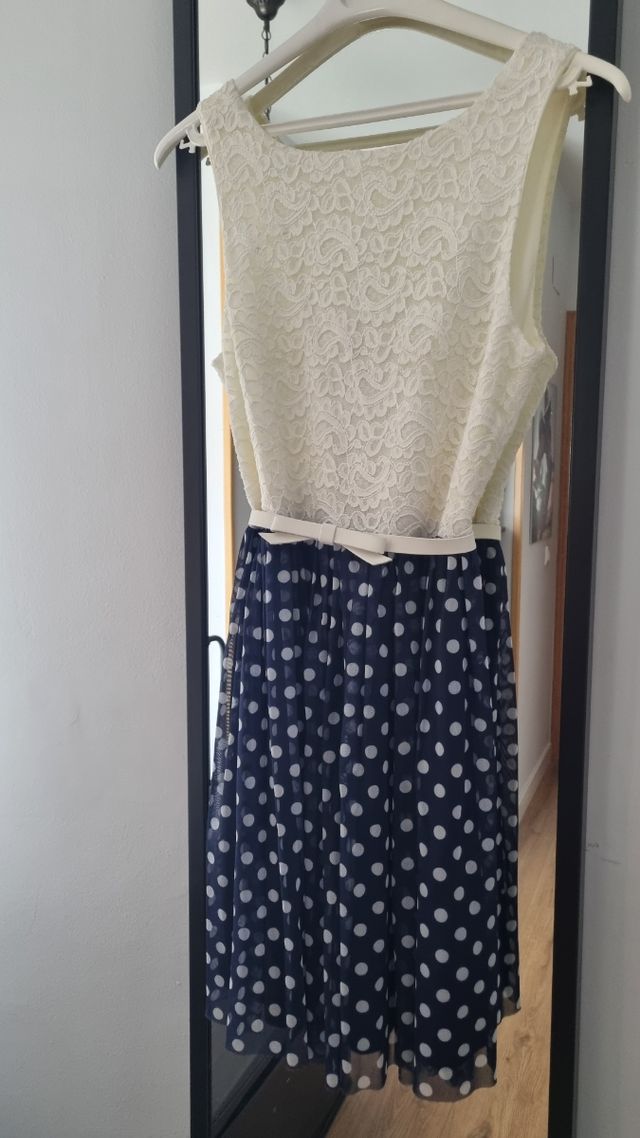 Vestido cóctel lunares blanco & azul - Talla M