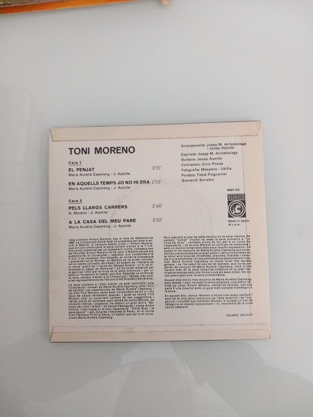 Toni Moreno. Vinile singolo