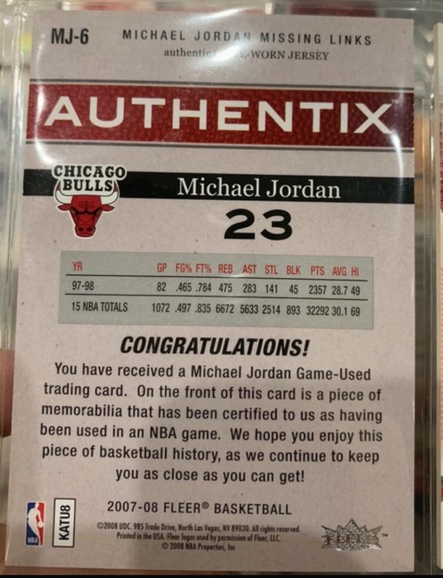 Carta Upper deck Michael Jordan Bulls Jersey Card