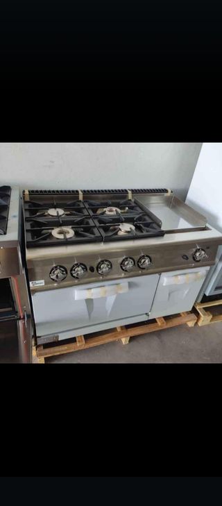 Cocina de 4 fuegos con plancha y horno.