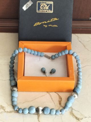 COLLAR Y PENDIENTES PIEDRA AZUL NUEVO SIN ESTRENAR