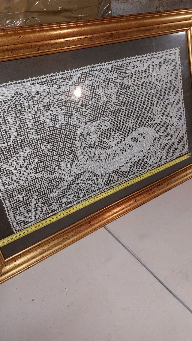 Quadro Ricamato Antico Ricamo Uncinetto Cervo Fore