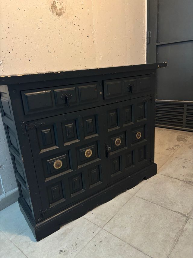 Mueble vintage negro, verde-azulado de madera