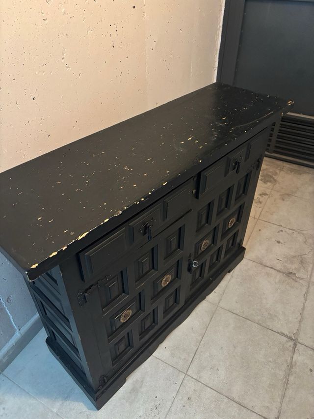 Mueble vintage negro, verde-azulado de madera