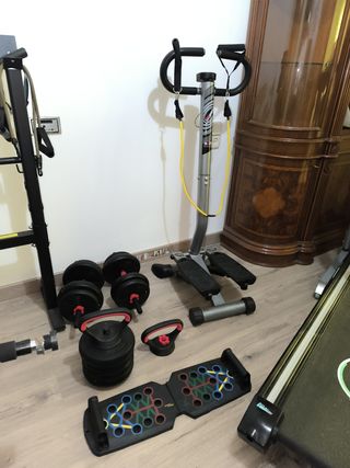 GYM presbanco,,step, mancuernas , banco abdominal