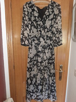 Vestido midi flores beige-negro, talla 5