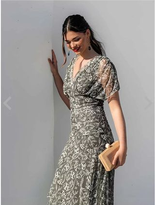 Vestido midi flores verde oliva