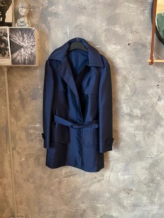 Giacca donna lunga seta blu con cintura 42