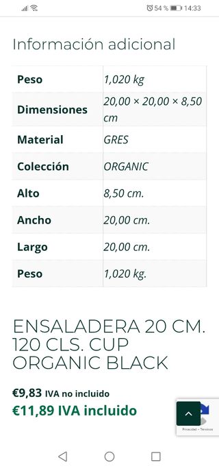 Ensaladera-bol negra cerámica de 20 cm de diámetro