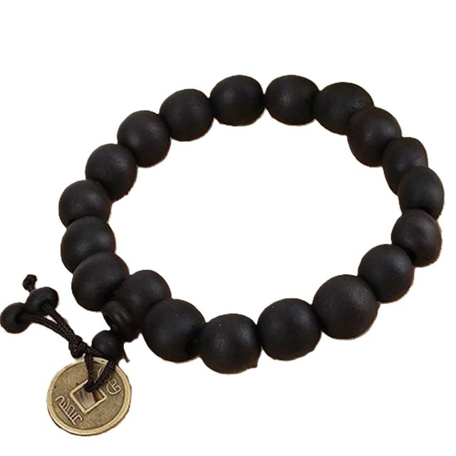 BRACCIALE NERO LEGNO BUDDAH CON MONETA CINESE