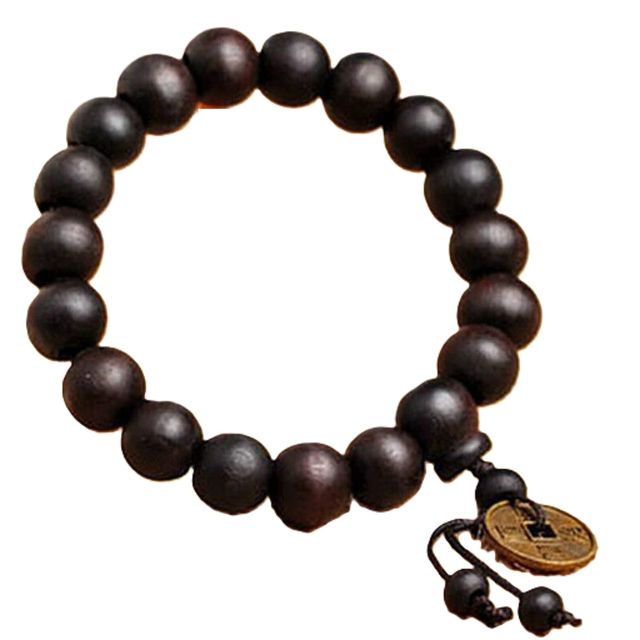 BRACCIALE NERO LEGNO BUDDAH CON MONETA CINESE