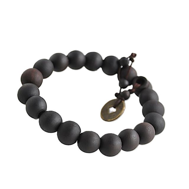 BRACCIALE NERO LEGNO BUDDAH CON MONETA CINESE