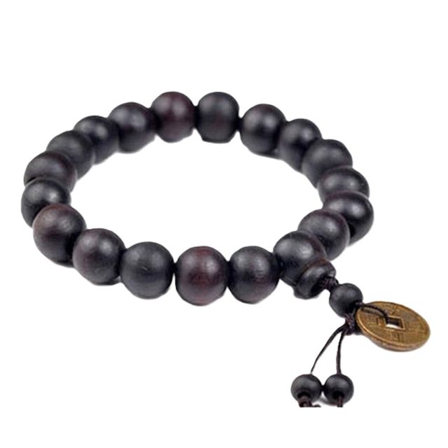 BRACCIALE NERO LEGNO BUDDAH CON MONETA CINESE