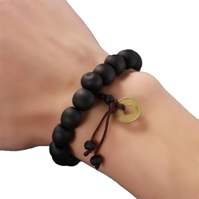 BRACCIALE NERO LEGNO BUDDAH CON MONETA CINESE