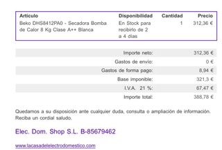 Secadora 8 kg. Beko clase A plus plus Condensación