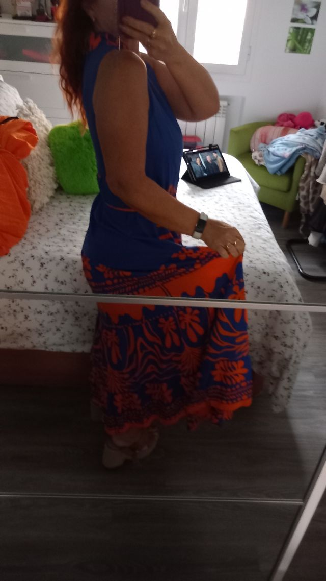 Vestido largo azulón y naranja