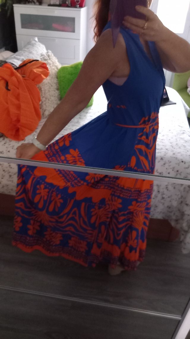 Vestido largo azulón y naranja