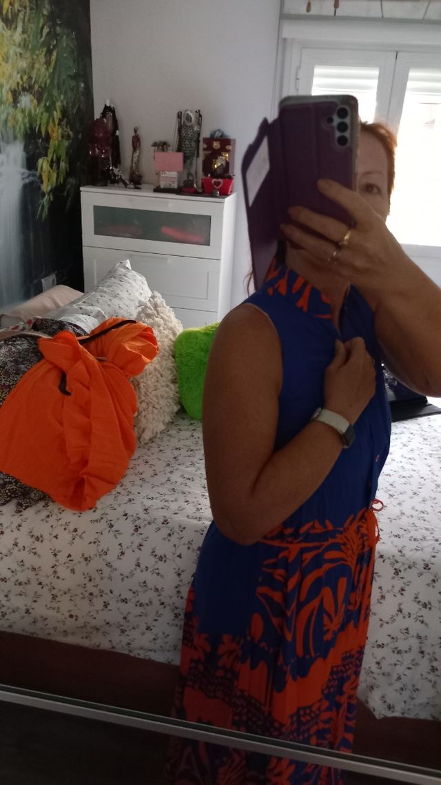 Vestido largo azulón y naranja