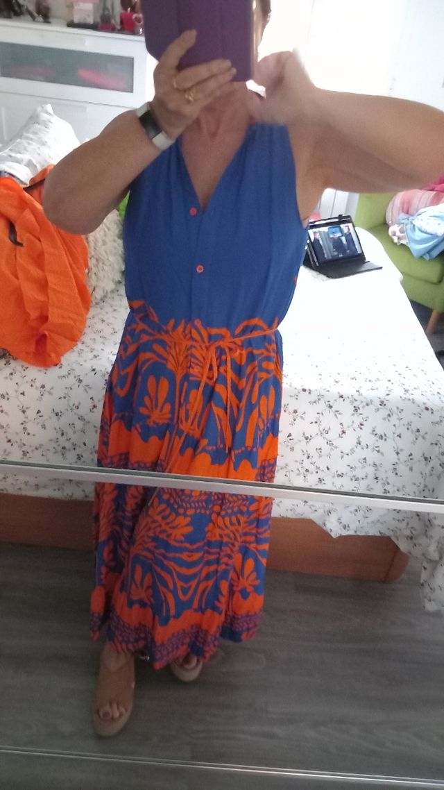 Vestido largo azulón y naranja