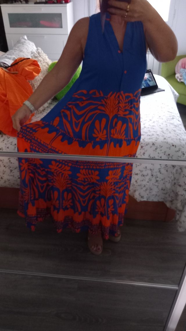 Vestido largo azulón y naranja