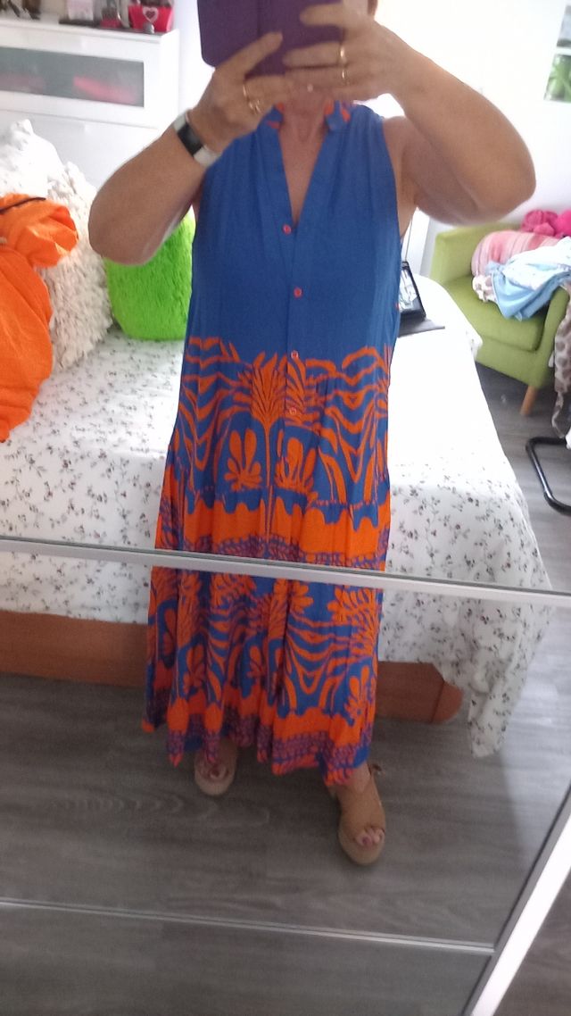 Vestido largo azulón y naranja