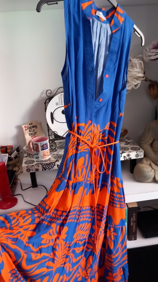 Vestido largo azulón y naranja