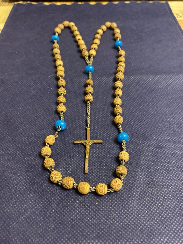 Rosario antico in osso - azzurro
