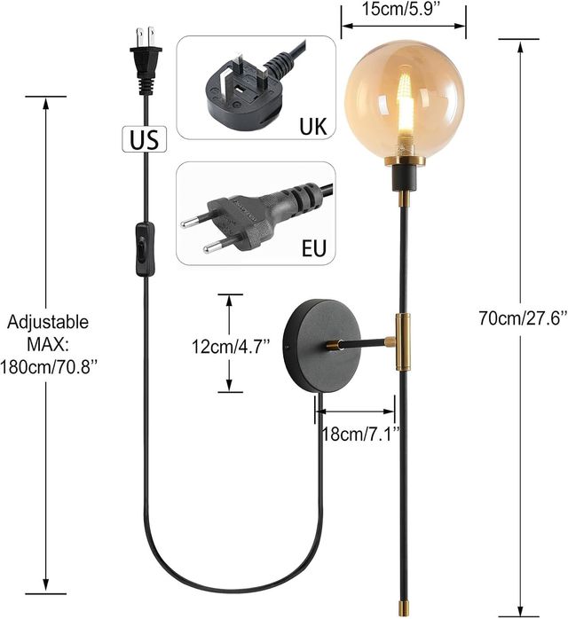 2 Lámparas de Pared de Interior con Enchufe 180cm
