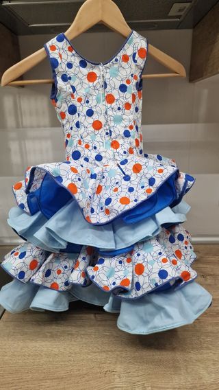 Traje Flamenca niña - Azul, Blanco y Naranja 