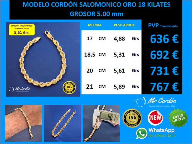 Pulsera Cordón Salomónico 5.00 mm Oro 18 Kilates