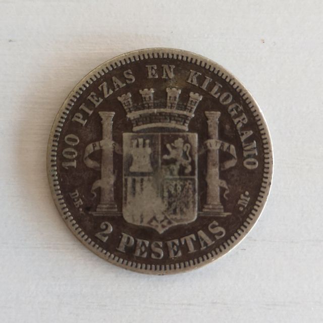 Moneda de plata de 2 ptas DEM, España 1870