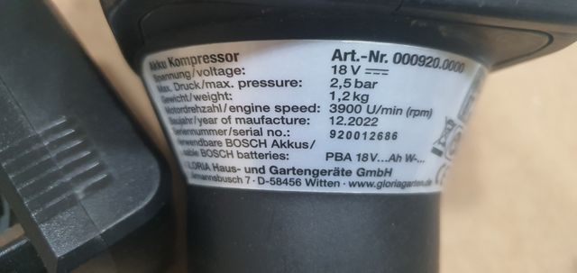 Compresor Gloria 18V - 2,5 bar