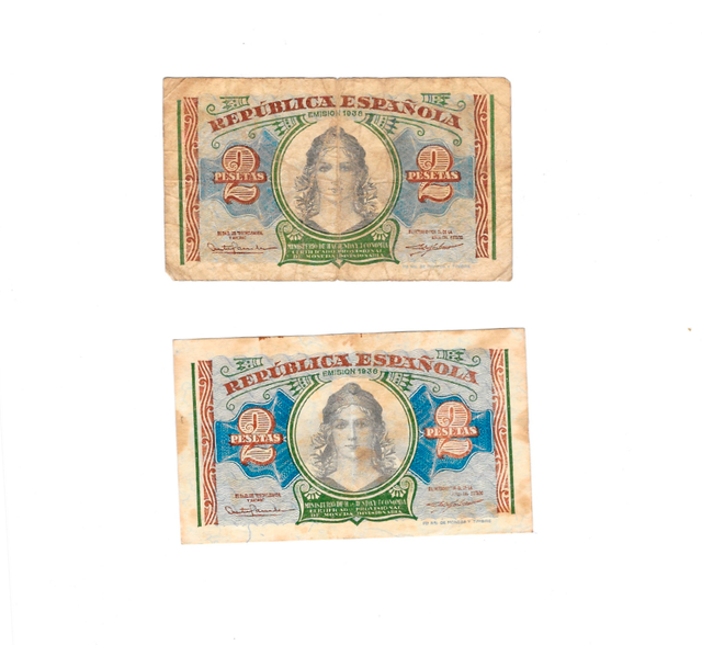 Dos billetes de 2 pesetas republica española 1938