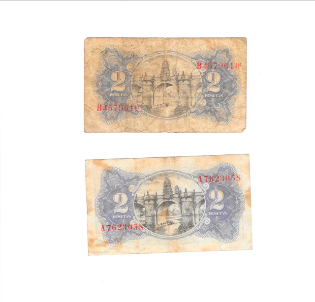 Dos billetes de 2 pesetas republica española 1938