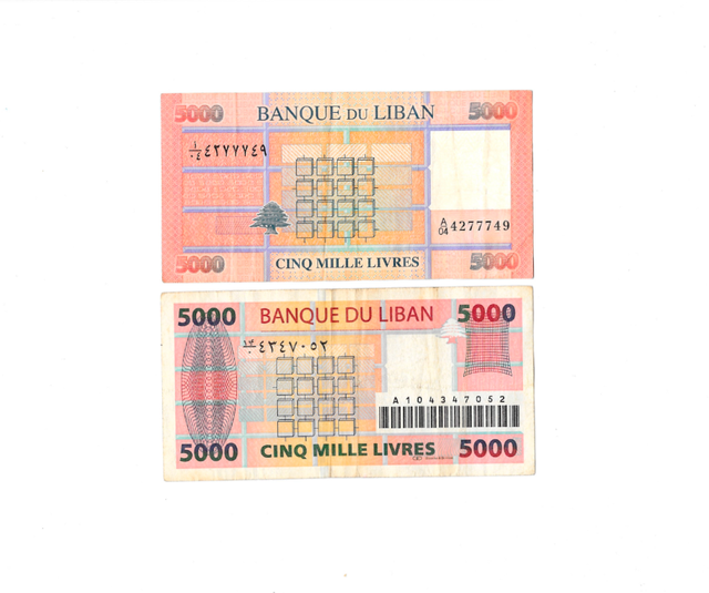 Dos billetes de 5000 libras de Libano 1995 y 2014