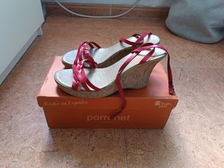 Sandalias Porronet piel cuña rojas y rosas nº48