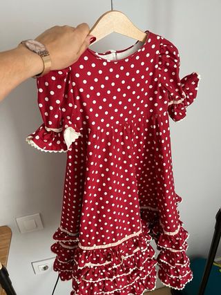 Vestido niña flamenca lunares beige y fondo rojo