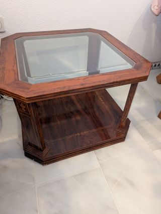 Mesa auxiliar cristal y madera