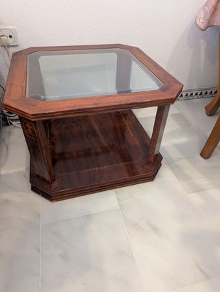 Mesa auxiliar cristal y madera
