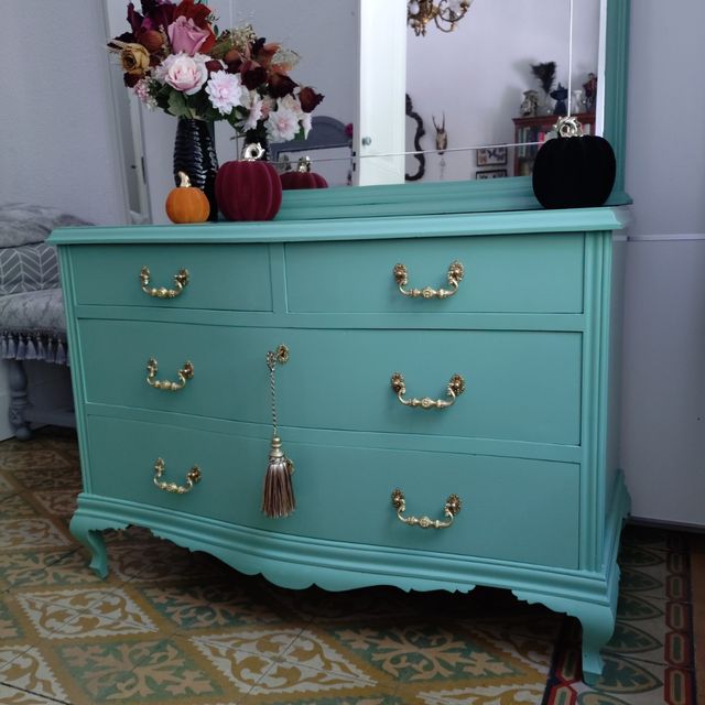 Cómoda Cajonera con Espejo Vintage Turquesa