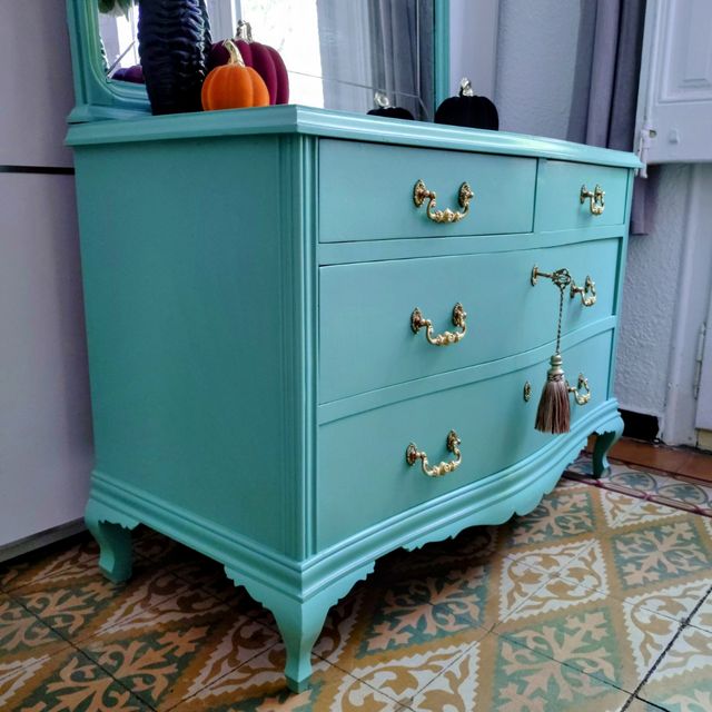 Cómoda Cajonera con Espejo Vintage Turquesa