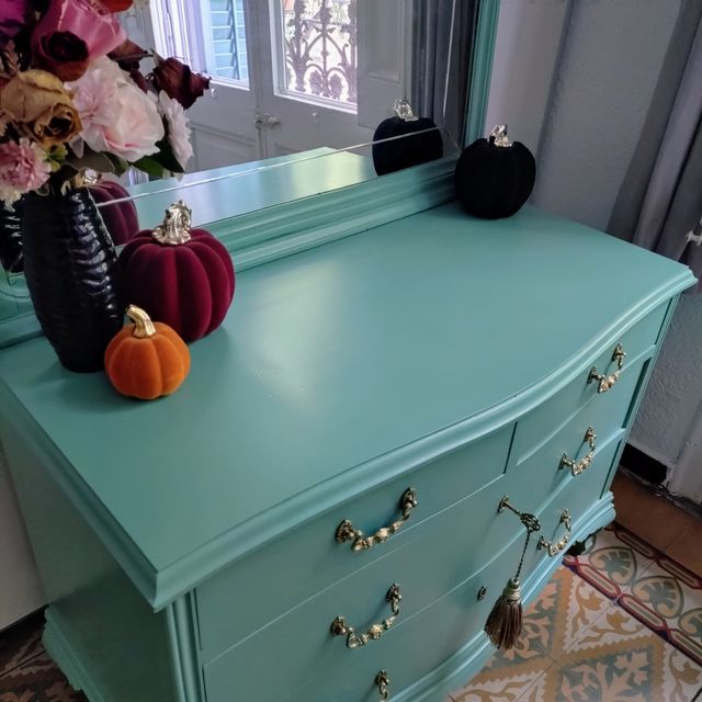 Cómoda Cajonera con Espejo Vintage Turquesa