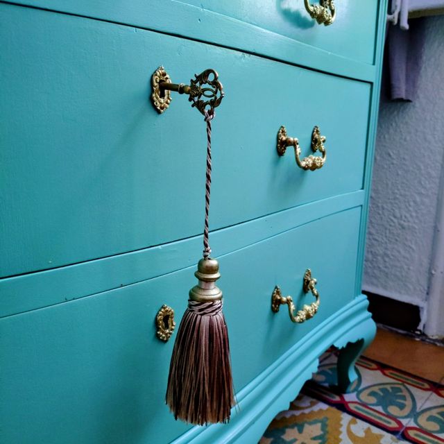 Cómoda Cajonera con Espejo Vintage Turquesa