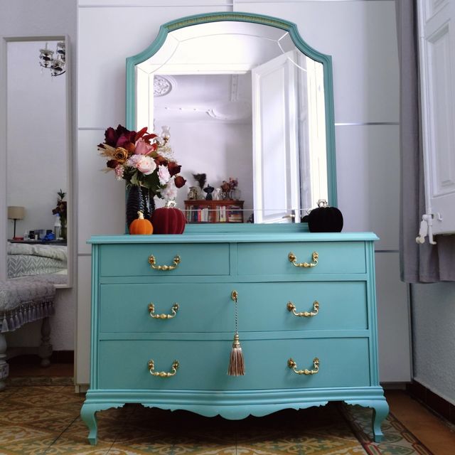 Cómoda Cajonera con Espejo Vintage Turquesa