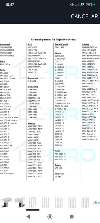 Electroválvula lavavajillas Válvula llenado
