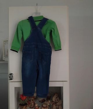 Salopette jeans + polo bimbo 9-12 mesi