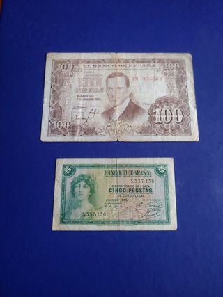Billetes 100 y 5 pesetas (España)